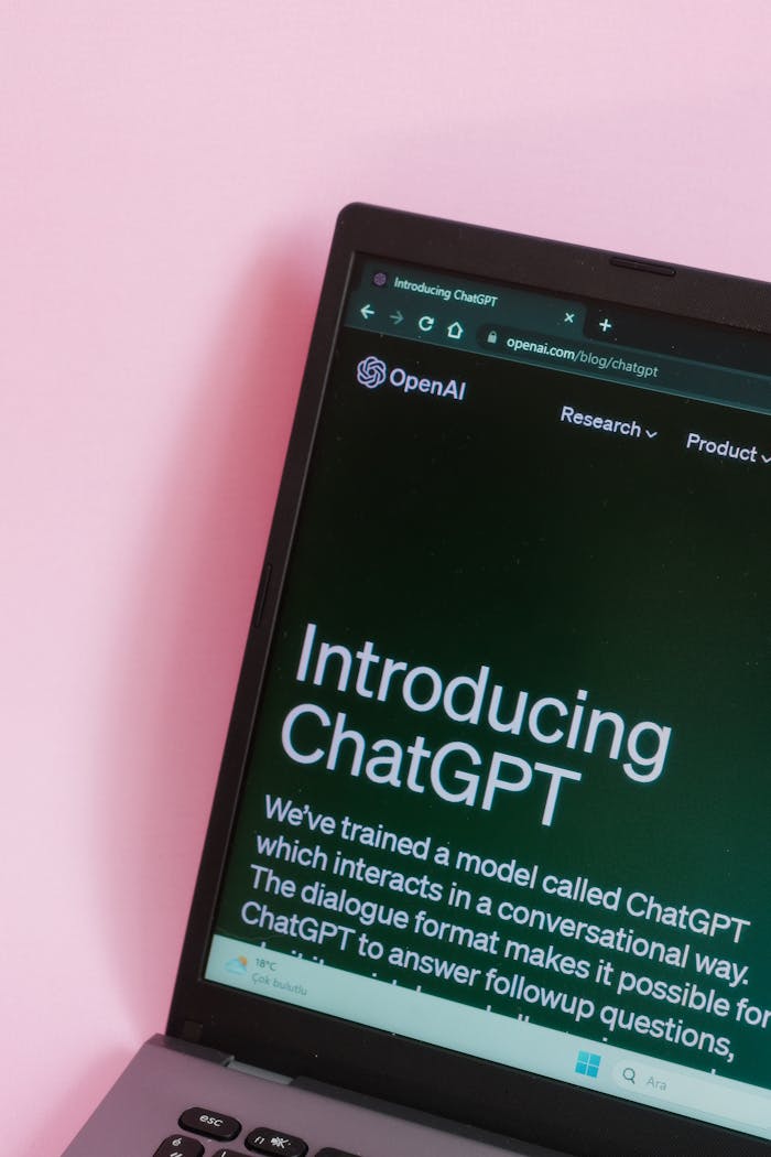 menu-17 Close-up of a laptop with ChatGPT introduction on screen against a pink background.